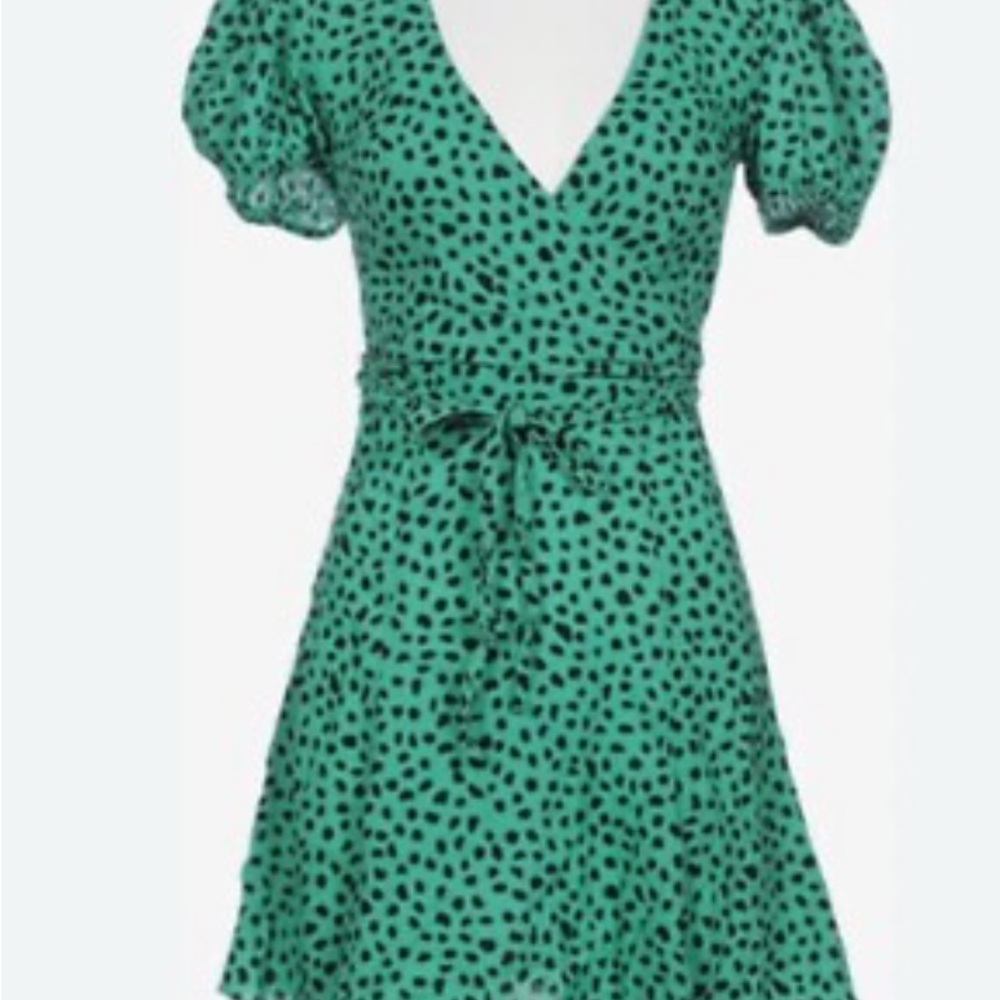 Urban Outfitters XS Green Black Spot Wrap Dress Dalmatian Puff Sleeve Trendy